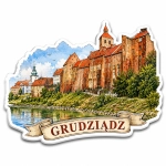 Pamiątkowy magnes Grudziądz z motywem spichrzów w stylu akwarelowym