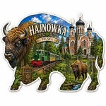 Pamiątkowy magnes Hajnówka z motywem żubrów, pociągu i katedry