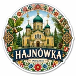 Magnes pamiątkowy z Hajnówki przedstawiający kościół