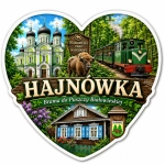 Pamiątkowy magnes z Hajnówki przedstawiający motyw Białowieskiego Parku Narodowego i katedry prawosławnej
