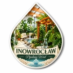 Magnes Inowrocław – Pijalnia Wód z widokiem na ogród, palmy i fontannę