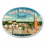 Pamiątkowy magnes Park Miniatur Inwałd z motywem katedry i wieży