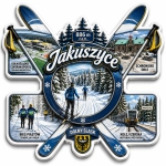 Pamiątkowy magnes Jakuszyce z motywem Dolnośląskiego Centrum Sportu, Schroniska Orle, Biegu Piastów i kolejki Izerskiej