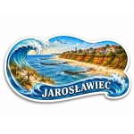 Pamiątkowy magnes Jarosławiec przedstawiający plażę, fale morza, domy nad brzegiem i latarnię morską
