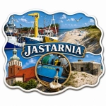 Magnes pamiątkowy Jastarnia przedstawiający port rybacki, łodzie, plażę i historyczne budynki