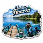 Pamiątkowy magnes Jezioro Hańcza z widokiem jeziora, lasu, drewnianej altanki i trzema nurkami