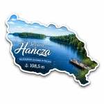 Pamiątkowy magnes z widokiem na Jezioro Hańcza, drewnianą altankę i las nad brzegiem
