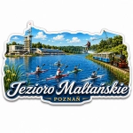 Magnes pamiątkowy z widokiem Jeziora Maltańskiego, kajakami, wodnymi skokami i kolejką wąskotorową