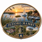 Magnes pamiątkowy Jezioro Mamry z widokiem zachodu słońca, żaglówki i portu