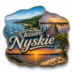Pamiątkowy magnes Jezioro Nyskie z widokiem mola, łodzi i zachodu słońca