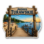 Magnes pamiątkowy Jezioro Turawskie z plażą, parasolami i drewnianym molo