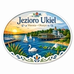 Magnes pamiątkowy Jezioro Ukiel z widokiem na jezioro, plażę, dom i żaglówki