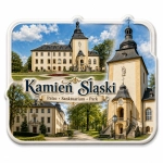 Pamiątkowy magnes Kamień Śląski z motywem pałacu, sanktuarium i parku