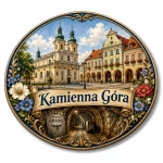 Magnes pamiątkowy Kamienna Góra z motywem kościoła i ratusza