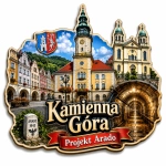 Magnes pamiątkowy Kamienna Góra z motywem kościoła i kamienic, Projekt Arado