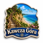 Pamiątkowy magnes Kawcza Góra przedstawiający plażę nad morzem i drewnianą kładkę prowadzącą z lasu ku brzegowi.