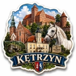 Magnes pamiątkowy Kętrzyn z motywem zamku, kościoła i koni
