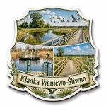 Magnes Kładka Waniewo-Śliwno przedstawiający mostek nad rzeką, ptaki i roślinność przy brzegu