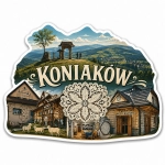 Magnes Koniaków przedstawiający górski krajobraz, tradycyjne domy i motyw haftu