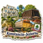 Pamiątkowy magnes Konstancin-Jeziorna z motywem pałacu, mostu i parku z kwiatami
