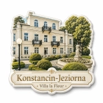 Magnes pamiątkowy Konstancin-Jeziorna z motywem Villa la Fleur, budynkiem, ogrodem i rzeźbą
