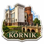 Magnes pamiątkowy z motywem zamku Kórnik, mostka i kanału wodnego