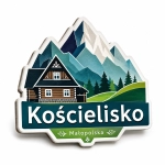 Pamiątkowy magnes Kościelisko z motywem chałupy tatrzańskiej na tle gór i lasów