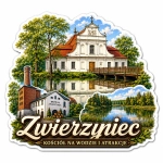 Magnes pamiątkowy z motywem kościoła na wodzie w Zwierzyńcu