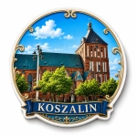 Magnes pamiątkowy z motywem kościoła w Koszalinie