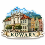 Magnes pamiątkowy Kowary z motywem historycznej architektury i górskim tłem