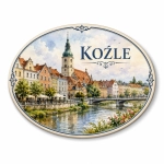 Magnes pamiątkowy Koźle z panoramą miasta, kościołem, rzeką i mostem