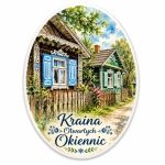 Magnes pamiątkowy Kraina Otwartych Okiennic z tradycyjnymi domami drewnianymi, malowanymi oknami i drzwiami
