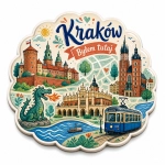 Pamiątkowy magnes Kraków z widokiem Wawelu, Katedry Mariackiej i tramwaju