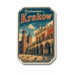 Magnes pamiątkowy z Krakowa z motywem kościoła Mariackiego i ratusza miejskiego