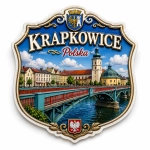 Pamiątkowy magnes Krapkowice z motywem miasta i mostu nad rzeką