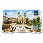 Pamiątkowy magnes z widokiem kościoła i rzeki w Krasnystawie