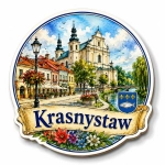 Magnes pamiątkowy Krasnystaw z motywem kościoła i rzeki