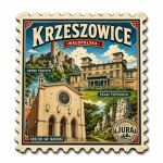 Pamiątkowy magnes Krzeszowice z motywem Zamku Tenczyn, Pałacu Potockich, kościoła św. Marcina i Jury