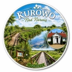 Pamiątkowy magnes Kurowo nad Narwią z motywem mostku, rzeki i domku