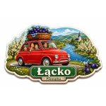 Pamiątkowy magnes Łącko z motywem krajobrazu i samochodu