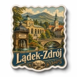 Magnes pamiątkowy Lądek-Zdrój z motywem fontanny i kościoła