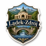 Magnes pamiątkowy Lądek-Zdrój z motywem Zdroju Wojciecha, zabytkowym budynkiem i mostem nad rzeką