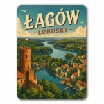 Pamiątkowy magnes Łagów Lubuski z widokiem na rzekę i zamek