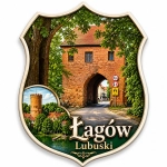 Pamiątkowy magnes Łagów Lubuski z motywem kamiennej bramy i zielenią