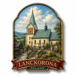 Magnes pamiątkowy Lanckorona z motywem kościoła, ulicą, kwiatami, drzewami, górami i niebem z chmurami