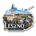 Pamiątkowy magnes Leszno z motywem zamku, stadionu i motocyklisty
