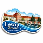 Magnes pamiątkowy Lewin Brzeski z widokiem historycznych budynków i rzeki Nysy Kłodzkiej
