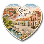 Pamiątkowy magnes Lewin Brzeski z widokiem starej zabudowy, rzeki i parku