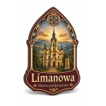 Pamiątkowy magnes Limanowa z motywem kościoła i panoramą gór