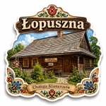 Pamiątkowy magnes Łopuszna z motywem Chałupy Klamerusów